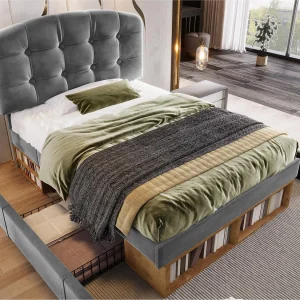 Gestoffeerd eenpersoonsbed 90x200cm – verstelbaar hoofdeinde – met lades en opbergruimte – fluweel – Grijs (zonder matras) Gestoffeerd eenpersoonsbed 90x200cm – verstelbaar hoofdeinde – met lades en opbergruimte – fluweel – Grijs (zonder matras)