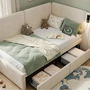 Gestoffeerde slaapbank 90x200cm – met 2 lades – USB oplaadpoort en leeslamp – Fluweel stof – Beige (zonder matras) Gestoffeerde slaapbank 90x200cm – met 2 lades – USB oplaadpoort en leeslamp – Fluweel stof – Beige (zonder matras)