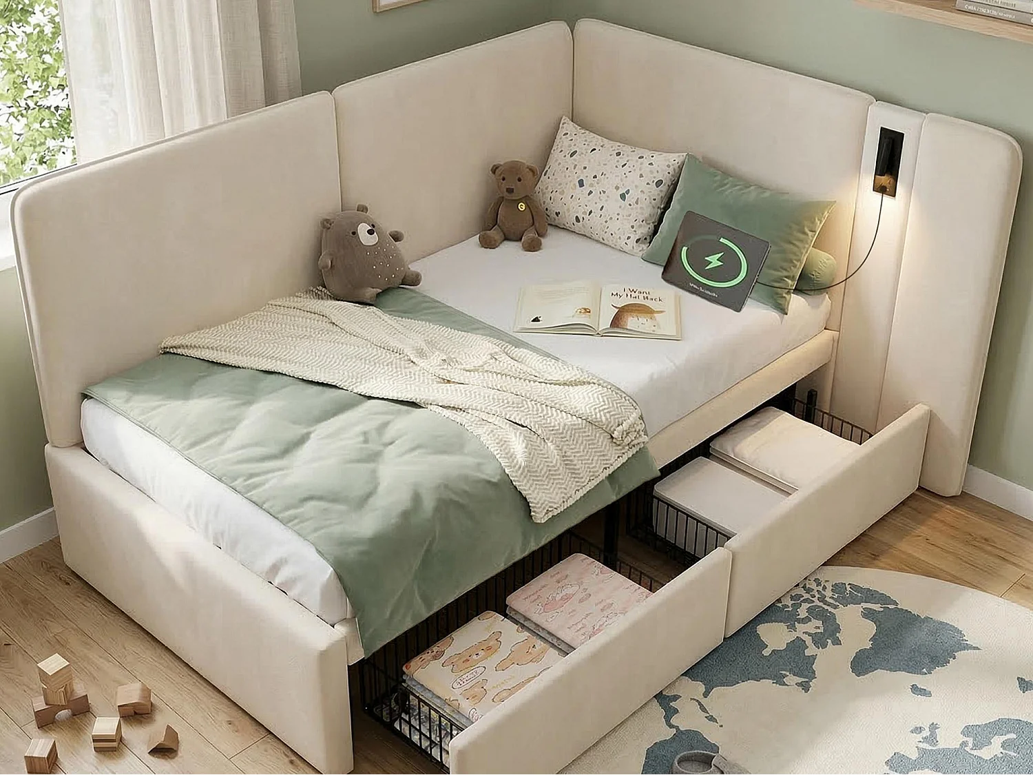 Gestoffeerde slaapbank 90x200cm - met 2 lades - USB oplaadpoort en leeslamp - Fluweel stof - Beige (zonder matras)