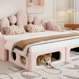 Gestoffeerde slaapbank 180x200cm – Fluweel stof – met lattenbodem – roze (matras niet inbegrepen) Gestoffeerde slaapbank 180x200cm – Fluweel stof – met lattenbodem – roze (matras niet inbegrepen)