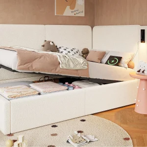 Gestoffeerde slaapbank met opbergruimte 90x200cm – USB oplaadpoort en leeslamp – Bouclé stof – Beige (zonder matras) Gestoffeerde slaapbank met opbergruimte 90x200cm – USB oplaadpoort en leeslamp – Bouclé stof – Beige (zonder matras)