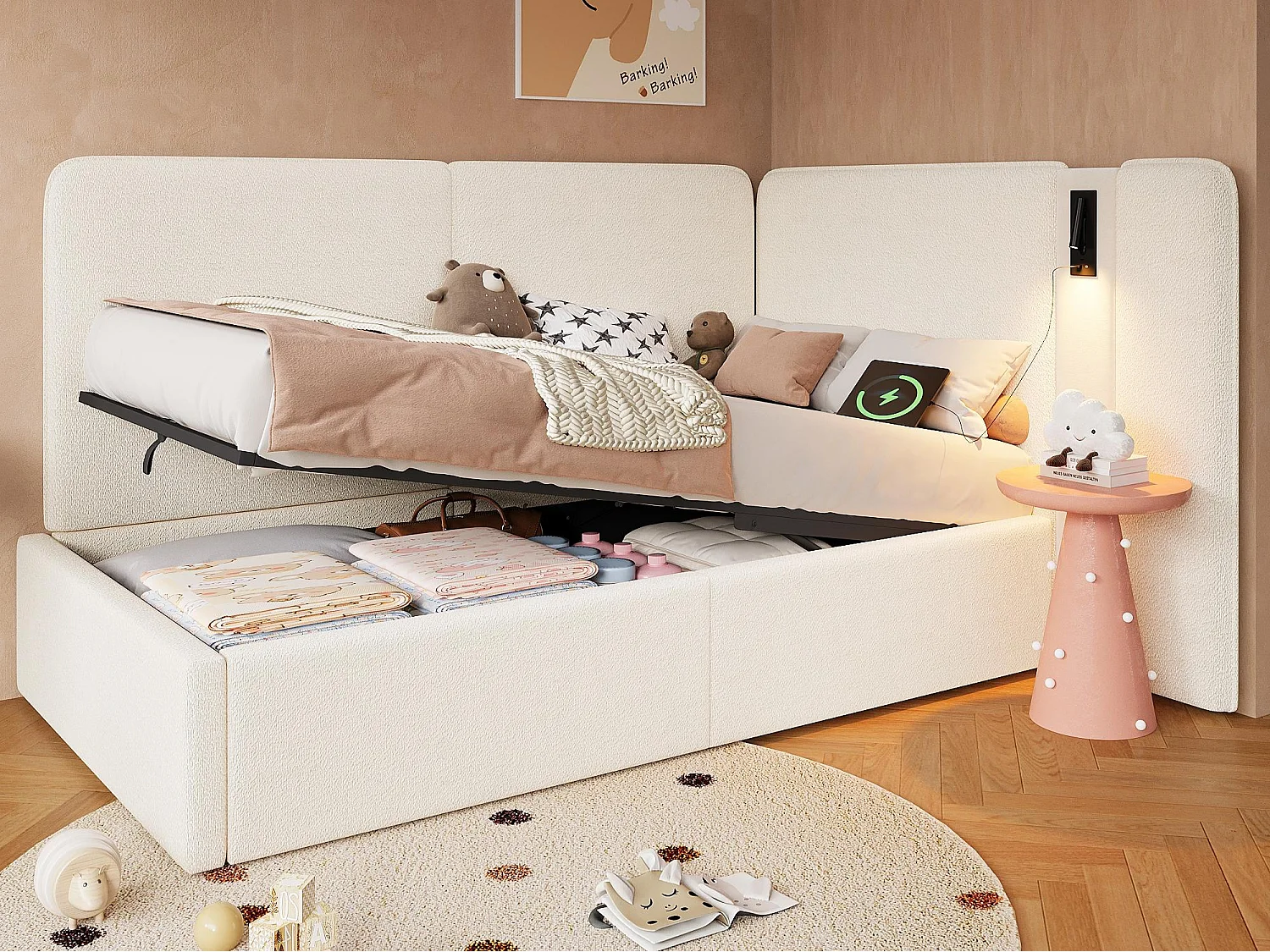 Gestoffeerde slaapbank met opbergruimte 90x200cm - USB oplaadpoort en leeslamp - Bouclé stof - Beige (zonder matras)