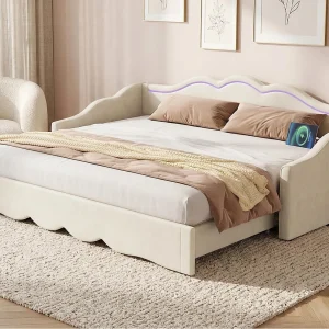 Gestoffeerde slaapbank 90×200 cm – Met uitschuifbaar bed – LED-verlichting en USB-poorten – Bekleding van fluweel – Beige (Matras niet inbegrepen) Gestoffeerde slaapbank 90×200 cm – Met uitschuifbaar bed – LED-verlichting en USB-poorten – Bekleding van fluweel – Beige (Matras niet inbegrepen)