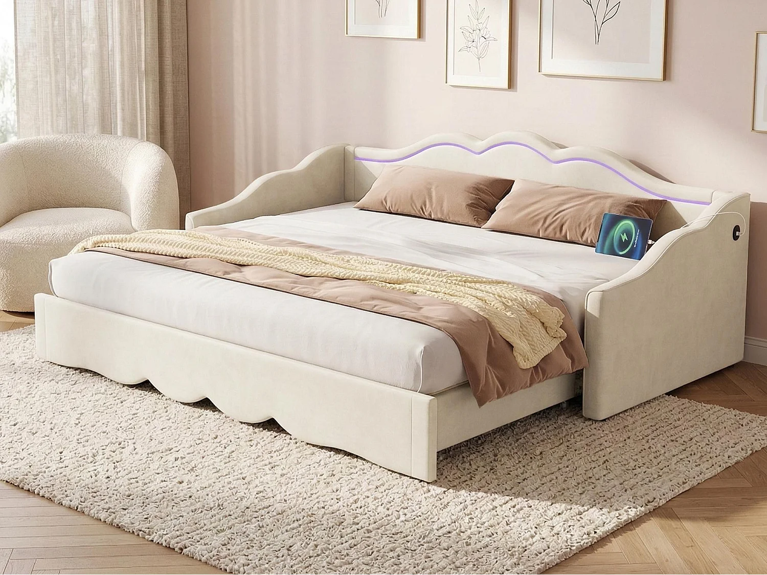 Gestoffeerde slaapbank 90x200 cm - Met uitschuifbaar bed - LED-verlichting en USB-poorten - Bekleding van fluweel - Beige (Matras niet inbegrepen)