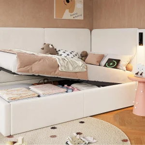 Gestoffeerde slaapbank met opbergruimte 90x200cm – USB oplaadpoort en leeslamp – Fluweel stof – Beige (zonder matras) Gestoffeerde slaapbank met opbergruimte 90x200cm – USB oplaadpoort en leeslamp – Fluweel stof – Beige (zonder matras)