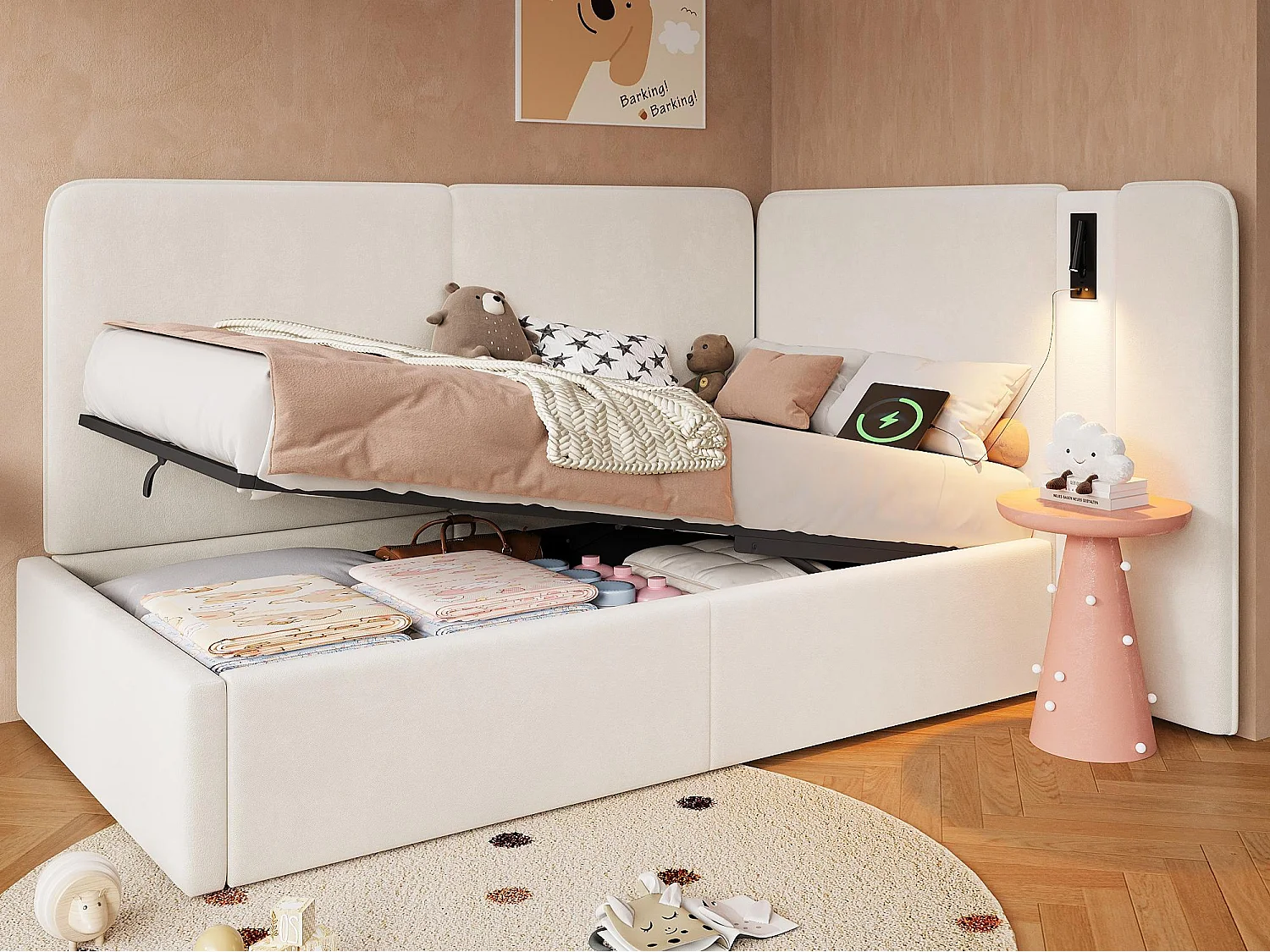 Gestoffeerde slaapbank met opbergruimte 90x200cm - USB oplaadpoort en leeslamp - Fluweel stof - Beige (zonder matras)