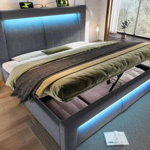 Gestoffeerd bed met opbergruimte 140x200cm – met LED-verlichting – met USB- en Type-C-poorten – fluweel – Grijs (zonder matras) Gestoffeerd bed met opbergruimte 140x200cm – met LED-verlichting – met USB- en Type-C-poorten – fluweel – Grijs (zonder matras)