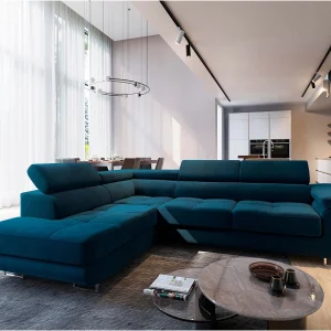 Hoekbank SELVA van fluweel met slaapfunctie Blau