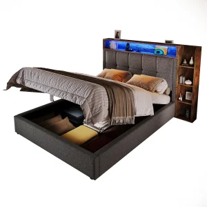 Gestoffeerd opbergbed – 90 x 200 cm – met USB-aansluiting, LED-verlichting, hoofdbord en opbergplank – linnen – grijs Gestoffeerd opbergbed – 90 x 200 cm – met USB-aansluiting, LED-verlichting, hoofdbord en opbergplank – linnen – grijs