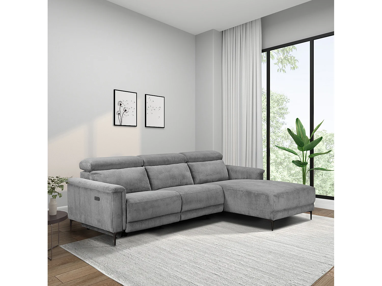 Hoekbank 3-zits met 1 elektrisch relaxelement in grijze corduroy