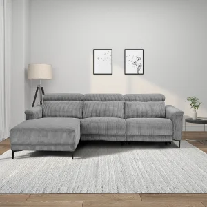 Hoekbank 3 zitplaatsen met 1 elektrische relaxfunctie in ribfluweel grijs Hoekbank 3 zitplaatsen met 1 elektrische relaxfunctie in ribfluweel grijs
