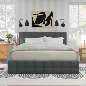 Gestoffeerd tweepersoonsbed – 140 x 200 cm – met 4 lades + verstelbaar hoofdeinde – metalen lattenbodem – linnen – grijs (inclusief matras)