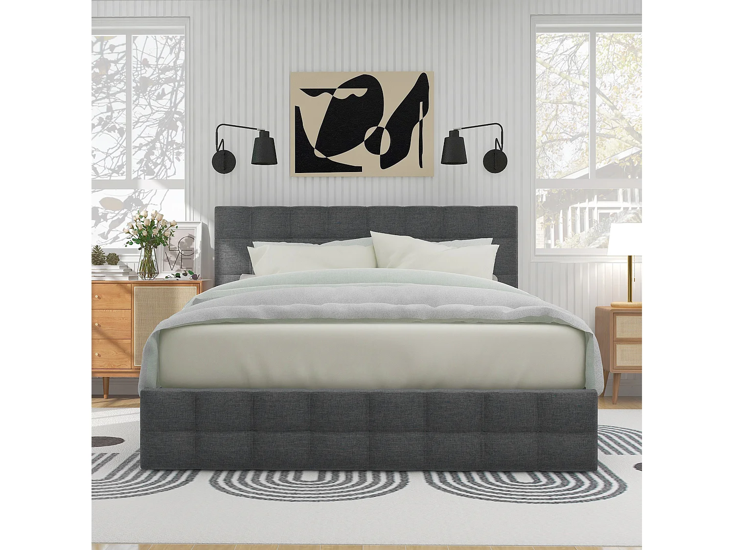Gestoffeerd tweepersoonsbed - 140 x 200 cm - met 4 lades + verstelbaar hoofdeinde - metalen lattenbodem - linnen - grijs (inclusief matras)