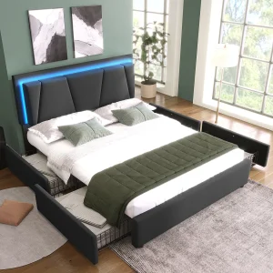 Gestoffeerd tweepersoonsbed – 160 x 200 cm – met LED-verlichting + 4 lades + verstelbaar hoofdeinde – hout – grijs Gestoffeerd tweepersoonsbed – 160 x 200 cm – met LED-verlichting + 4 lades + verstelbaar hoofdeinde – hout – grijs