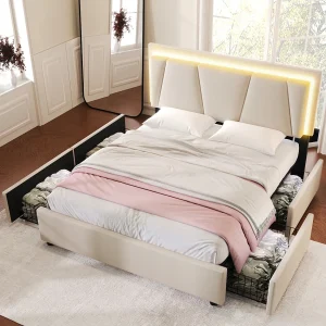 Gestoffeerd tweepersoonsbed – 160 x 200 cm – met LED-verlichting + 4 lades + verstelbaar hoofdeinde – hout – beige Gestoffeerd tweepersoonsbed – 160 x 200 cm – met LED-verlichting + 4 lades + verstelbaar hoofdeinde – hout – beige
