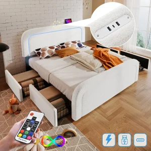 Gestoffeerd tweepersoonsbed – 160 x 200 cm – met USB + LED's + 4 lades + verstelbaar hoofdeinde – Sherp – wit Gestoffeerd tweepersoonsbed – 160 x 200 cm – met USB + LED's + 4 lades + verstelbaar hoofdeinde – Sherp – wit
