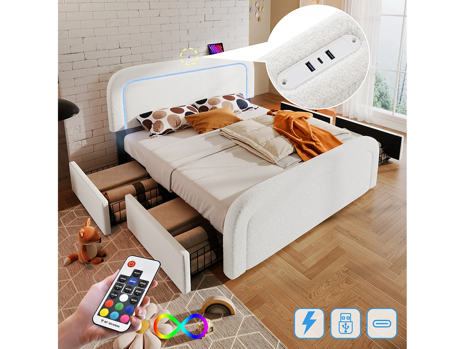 Gestoffeerd tweepersoonsbed - 160 x 200 cm - met USB + LED's + 4 lades + verstelbaar hoofdeinde - Sherp - wit