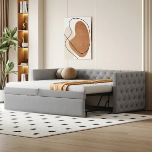 Gestoffeerde slaapbank met uitschuifbaar bed – 90/180 x 200 cm – met lattenbodem – fluweel – beige Gestoffeerde slaapbank met uitschuifbaar bed – 90/180 x 200 cm – met lattenbodem – fluweel – beige