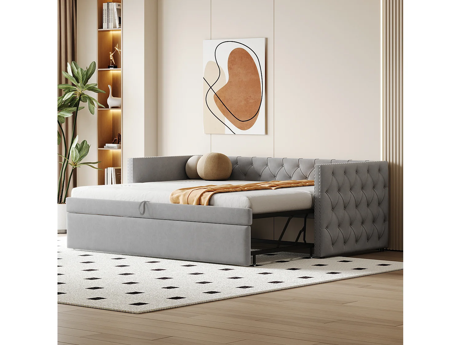 Gestoffeerde slaapbank met uitschuifbaar bed - 90/180 x 200 cm - met lattenbodem - fluweel - beige
