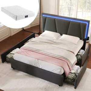 Gestoffeerd tweepersoonsbed – 160 x 200 cm – met ledverlichting + 4 lades + verstelbaar hoofdeinde – hout – grijs (inclusief matras) Gestoffeerd tweepersoonsbed – 160 x 200 cm – met ledverlichting + 4 lades + verstelbaar hoofdeinde – hout – grijs (inclusief matras)