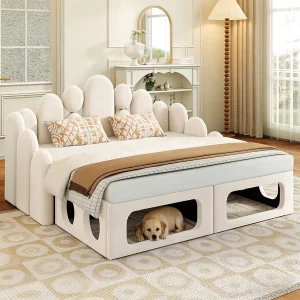 Gestoffeerde 2-in-1 ligbank – 180 x 200 cm – met ruimte voor huisdieren + rugleuning – fluweel – beige