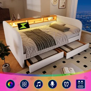 Gestoffeerd slaapbank – 140 x 190 cm – met LED-verlichting + USB-C + 2 lades + opbergruimte in het hoofdeinde – linnen – beige Gestoffeerd slaapbank – 140 x 190 cm – met LED-verlichting + USB-C + 2 lades + opbergruimte in het hoofdeinde – linnen – beige