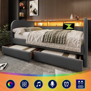 Gestoffeerd slaapbank – 140 x 190 cm – met LED-verlichting + USB-C + 2 lades + opbergruimte in het hoofdeinde – linnen – grijs Gestoffeerd slaapbank – 140 x 190 cm – met LED-verlichting + USB-C + 2 lades + opbergruimte in het hoofdeinde – linnen – grijs