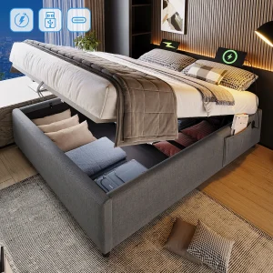 Gestoffeerd tweepersoonsbed met opbergruimte – 160 x 200 cm – met USB-C + lattenbodem – zonder hoofdbord – katoen – grijs Gestoffeerd tweepersoonsbed met opbergruimte – 160 x 200 cm – met USB-C + lattenbodem – zonder hoofdbord – katoen – grijs