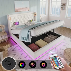Gestoffeerd tweepersoonsbed met opbergruimte – 180 x 200 cm – met hoofdbord + USB-poort + LED-verlichting + hydraulische opbergruimte – Katoen – wit