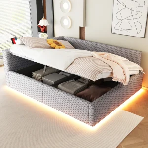 Gestoffeerd hydraulisch opbergbed voor kinderen – 140 x 200 cm – met ledverlichting + 2 USB-poorten – L-vormig hoofdeinde – fluweel – grijs