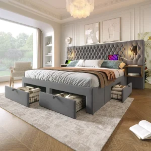 Gestoffeerd tweepersoonsbed met opbergruimte – 180 x 200 cm – met 2 nachtkastjes + 4 lades + leeslamp + USB-poort – fluweel – grijs Gestoffeerd tweepersoonsbed met opbergruimte – 180 x 200 cm – met 2 nachtkastjes + 4 lades + leeslamp + USB-poort – fluweel – grijs