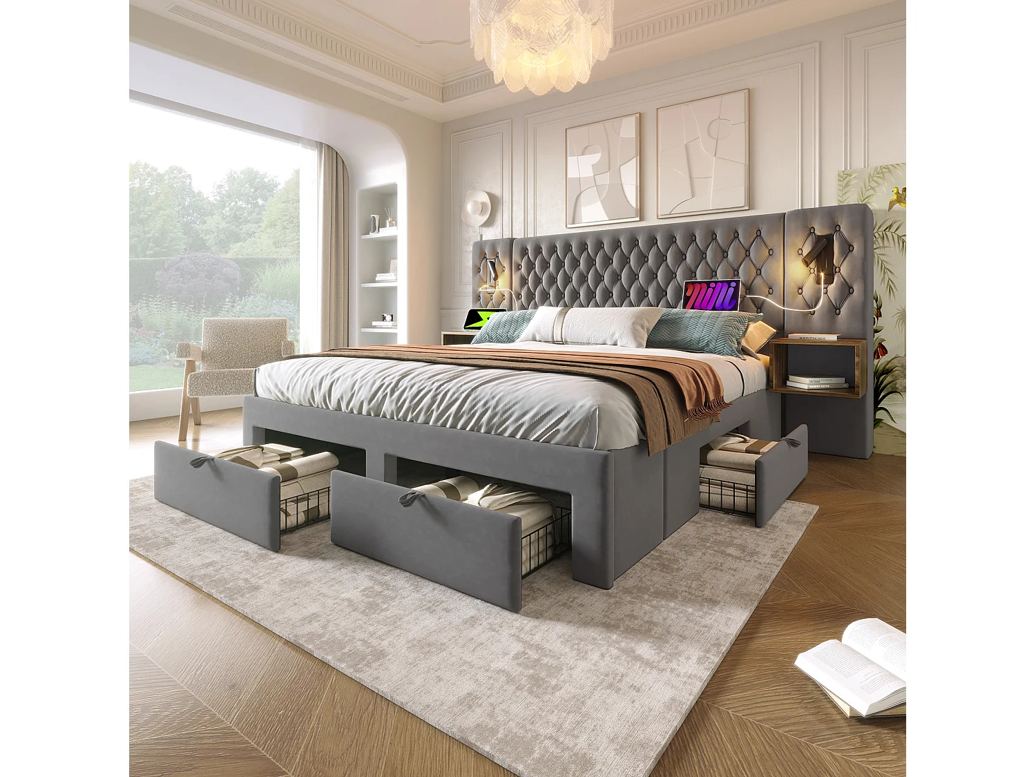 Gestoffeerd tweepersoonsbed met opbergruimte - 180 x 200 cm - met 2 nachtkastjes + 4 lades + leeslamp + USB-poort - fluweel - grijs