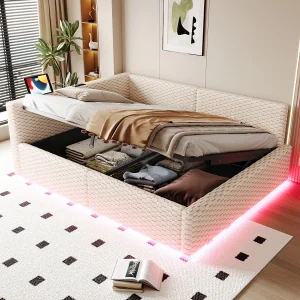 Gestoffeerd hydraulisch opbergbed voor kinderen – 140 x 200 cm – met LED-verlichting + 2 USB-poorten – L-vormig hoofdeinde – fluweel – beige
