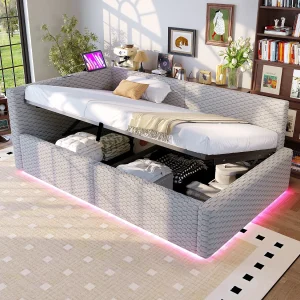 Gestoffeerd hydraulisch opbergbed voor kinderen – 90 x 200 cm – met LED-verlichting + 2 USB-poorten – L-vormig hoofdeinde – fluweel – grijs