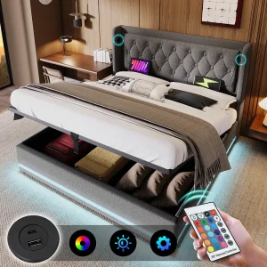 Gestoffeerd tweepersoonsbed met opbergruimte – 180 x 200 cm – met hoofdbord + USB + LED's + hydraulische opbergruimte – Katoen – grijs Gestoffeerd tweepersoonsbed met opbergruimte – 180 x 200 cm – met hoofdbord + USB + LED's + hydraulische opbergruimte – Katoen – grijs