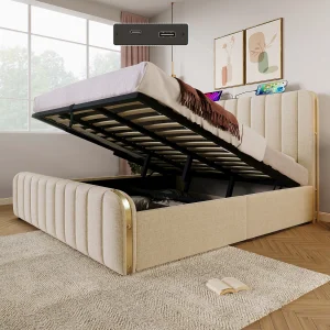 Gestoffeerd tweepersoonsbed met opbergruimte – 180 x 200 cm – met hoofdbord + USB-poort + hydraulische opbergruimte – linnen – beige Gestoffeerd tweepersoonsbed met opbergruimte – 180 x 200 cm – met hoofdbord + USB-poort + hydraulische opbergruimte – linnen – beige