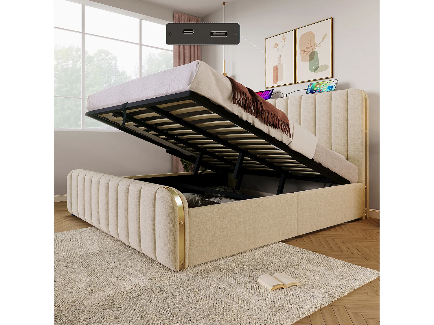 Gestoffeerd tweepersoonsbed met opbergruimte - 180 x 200 cm - met hoofdbord + USB-poort + hydraulische opbergruimte - linnen - beige