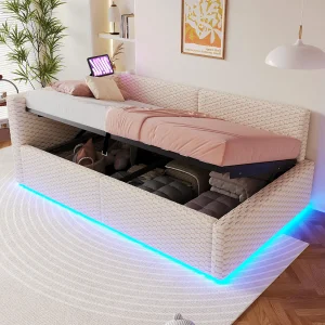 Gestoffeerd hydraulisch opbergbed voor kinderen – 90 x 200 cm – met LED-verlichting + 2 USB-poorten – L-vormig hoofdeinde – fluweel – beige