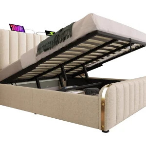 Gestoffeerd tweepersoonsbed met opbergruimte – 180 x 200 cm – met hoofdeinde + USB + hydraulische opbergruimte – linnen – beige (inclusief matras)