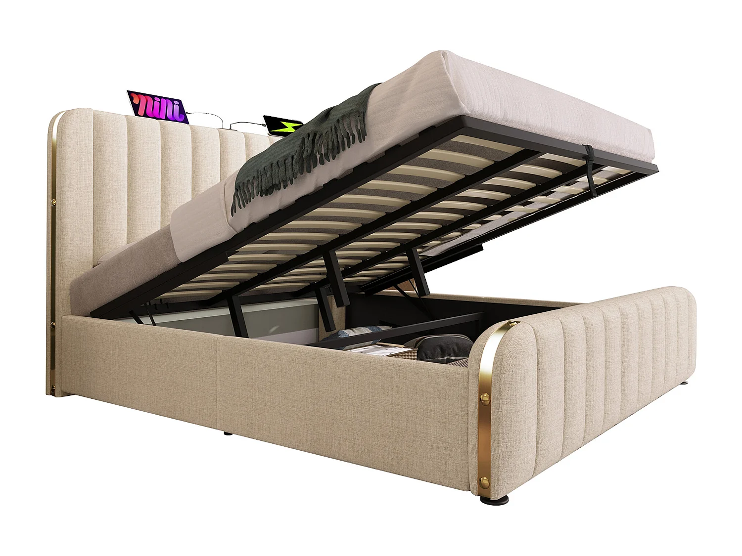 Gestoffeerd tweepersoonsbed met opbergruimte - 180 x 200 cm - met hoofdeinde + USB + hydraulische opbergruimte - linnen - beige (inclusief matras)