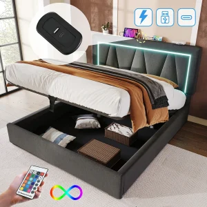 Gestoffeerd tweepersoonsbed met opbergruimte – 160 x 200 cm – met LED-verlichting + USB-aansluiting + lattenbodem – linnen – grijs Gestoffeerd tweepersoonsbed met opbergruimte – 160 x 200 cm – met LED-verlichting + USB-aansluiting + lattenbodem – linnen – grijs
