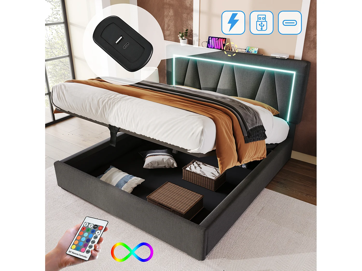 Gestoffeerd tweepersoonsbed met opbergruimte - 160 x 200 cm - met LED-verlichting + USB-aansluiting + lattenbodem - linnen - grijs