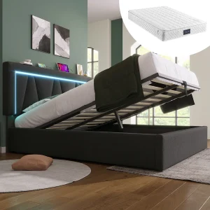 Gestoffeerd tweepersoonsbed met opbergruimte – 160 x 200 cm – met LED-verlichting + USB + lattenbodem – linnen – grijs (inclusief matras) Gestoffeerd tweepersoonsbed met opbergruimte – 160 x 200 cm – met LED-verlichting + USB + lattenbodem – linnen – grijs (inclusief matras)