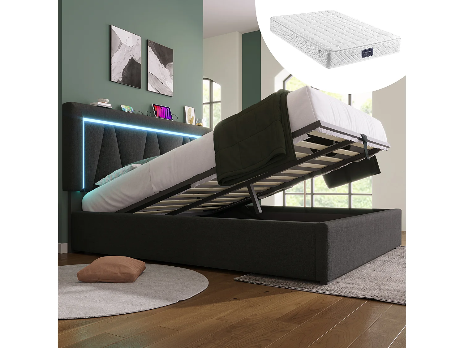 Gestoffeerd tweepersoonsbed met opbergruimte - 160 x 200 cm - met LED-verlichting + USB + lattenbodem - linnen - grijs (inclusief matras)