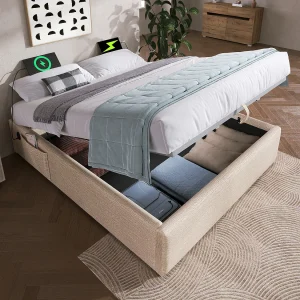 Gestoffeerd tweepersoonsbed met opbergruimte – 160 x 200 cm – met USB-C + lattenbodem – zonder hoofdbord – katoen – beige + naturel Gestoffeerd tweepersoonsbed met opbergruimte – 160 x 200 cm – met USB-C + lattenbodem – zonder hoofdbord – katoen – beige + naturel