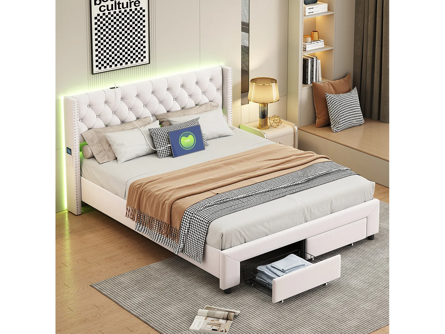 Gestoffeerd Bed 140x190 cm in Beige Fluweel met Opbergruimte, Ingebouwde LED's & USB-poorten - Metalen Frame en Houten Latten