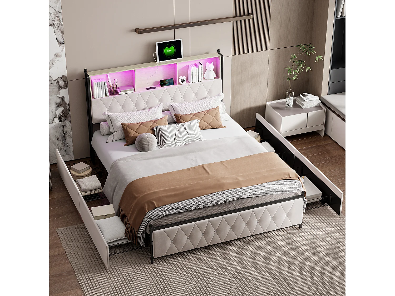 Gestoffeerd Bed met Zijladen - 140 x 200 cm - USB + RGB LED Hoofdbord - Fluweel - Beige
