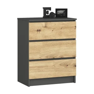 Ladekast K60 met 3 Lades / AKORD Furniture Factory / Grafietgrijs – Artisan Eik / 60 x 77 x 40 cm Ladekast K60 met 3 Lades / AKORD Furniture Factory / Grafietgrijs – Artisan Eik / 60 x 77 x 40 cm