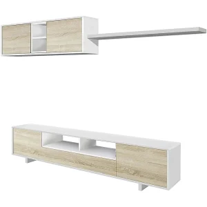 Dmora Wandmeubel Hartford 41x200x46h cm Glanzend Bruin, 8 Planken, Klap- en Klepdoors, 5 Deuren