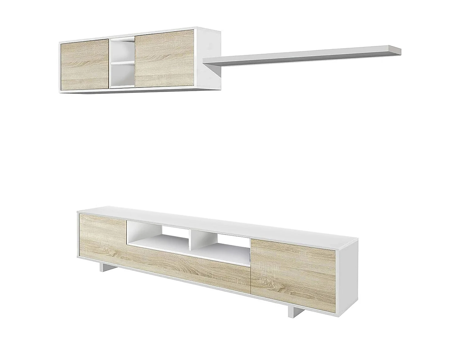 Dmora Wandmeubel Hartford 41x200x46h cm Glanzend Bruin, 8 Planken, Klap- en Klepdoors, 5 Deuren